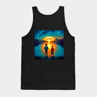 Kids watching a UFO hovering above a lake Tank Top